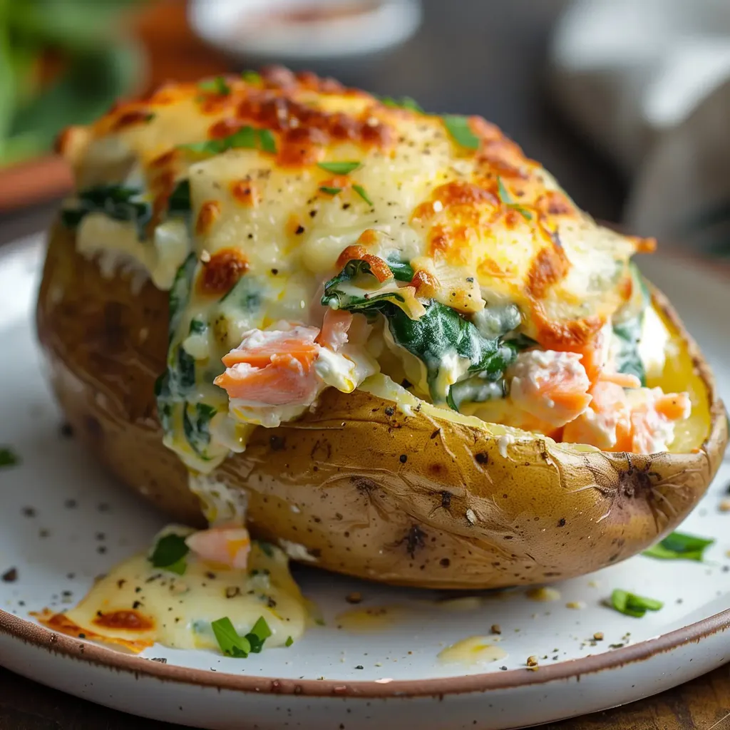 Pommes de terre farcies saumon et épinards, gratinées avec fromage, servies sur une assiette.