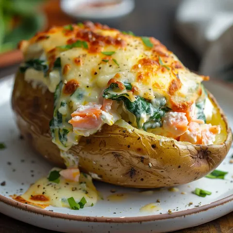Pommes de terre farcies saumon et épinards, gratinées avec fromage, servies sur une assiette.