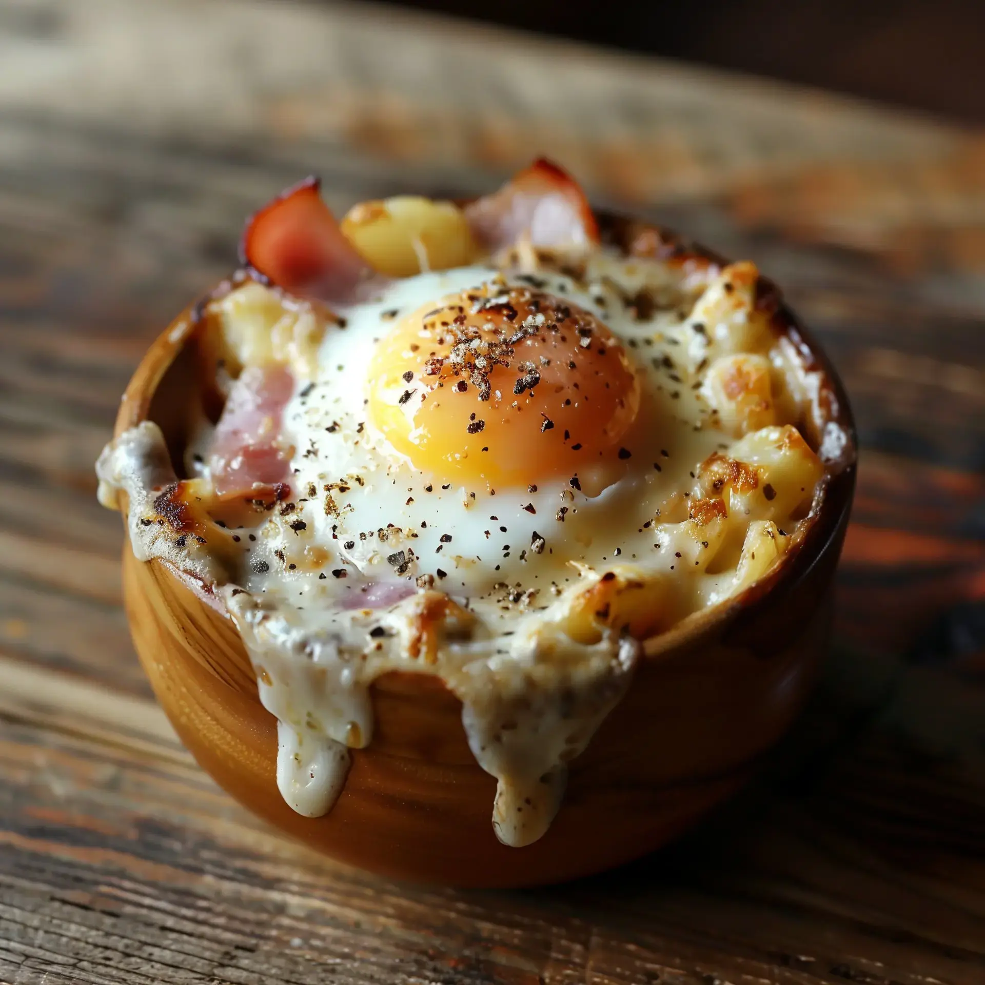 Un bol en bois contenant des pâtes gratinées, garnies d’un œuf au plat et de bacon croustillant, saupoudrées de poivre.