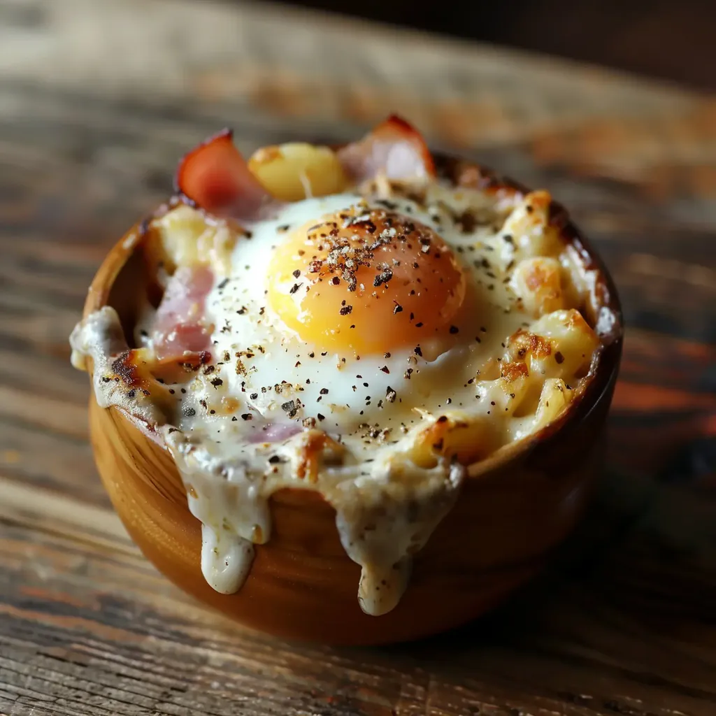 Un bol en bois contenant des pâtes gratinées, garnies d’un œuf au plat et de bacon croustillant, saupoudrées de poivre.