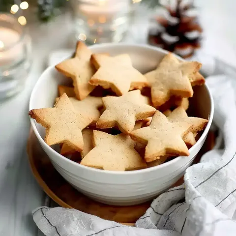 Des biscuits joliment décorés en forme d'étoiles avec une table festive en arrière-plan.