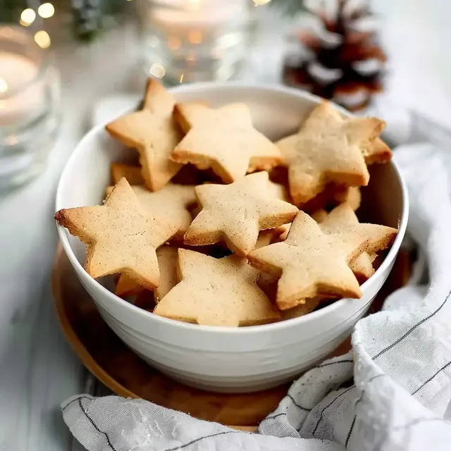 Des biscuits joliment décorés en forme d'étoiles avec une table festive en arrière-plan.