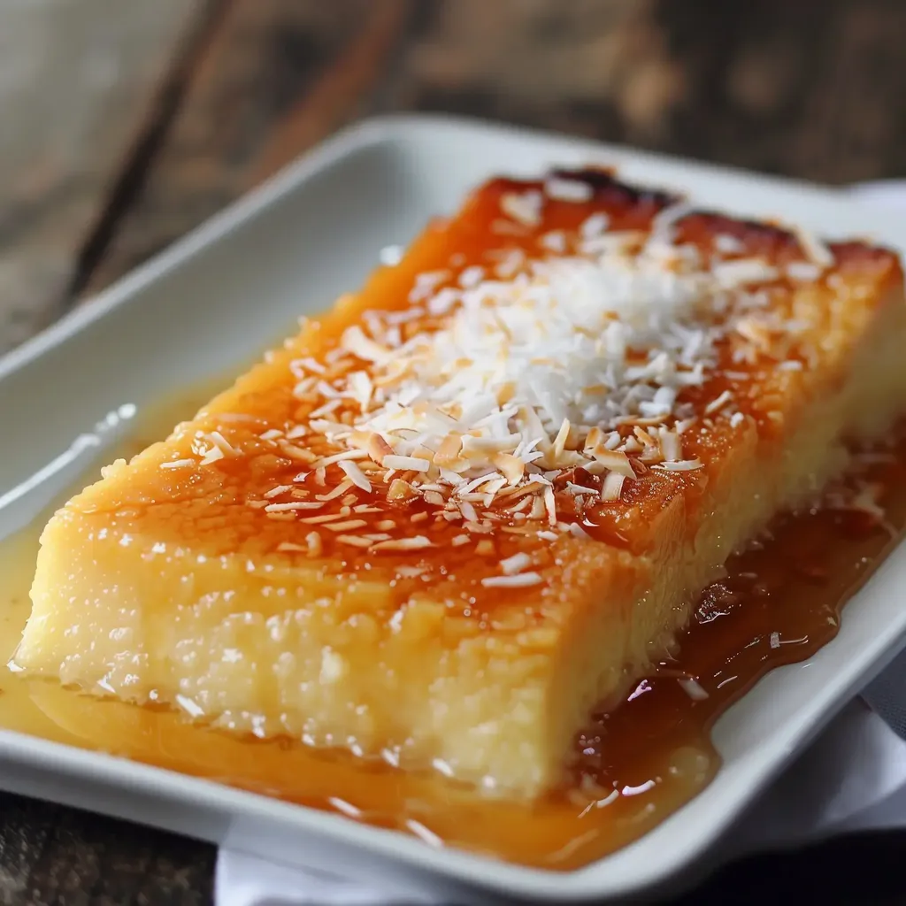 Flan moelleux garni de coco râpée et nappé de caramel sur une assiette blanche.
