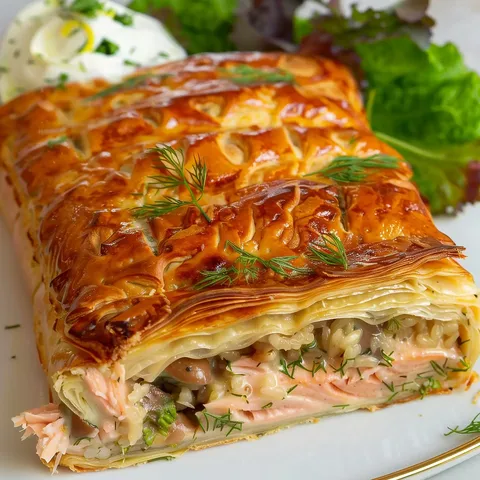 Tourte dorée au saumon, riz et fines herbes, accompagnée de salade et d'une touche de sauce.