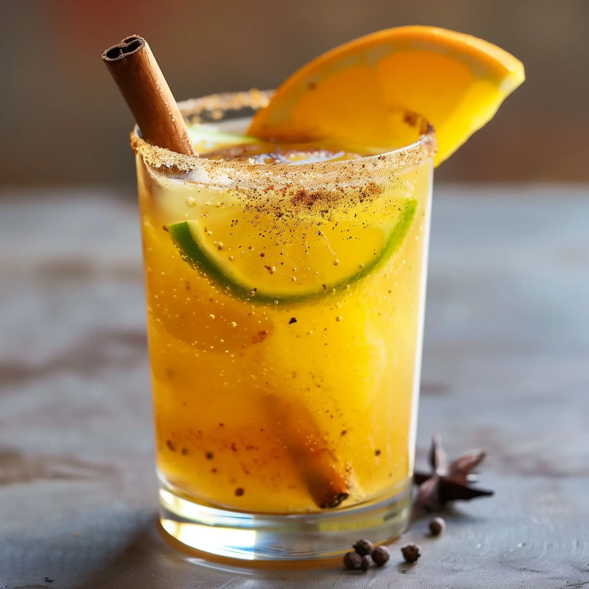 Un verre fruité avec de l’orange, du citron vert et un bâton de cannelle.
