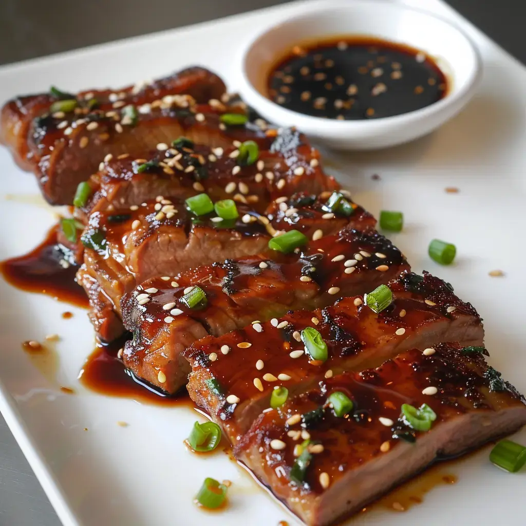 Tranches de viande marinée avec des oignons verts et graines de sésame, accompagnées d'une sauce teriyaki.