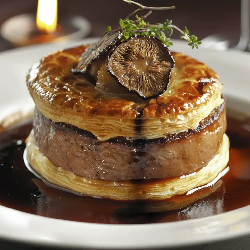 Un délicieux filet mignon enrobé de pâte feuilletée et accompagné d'une sauce aux morilles.