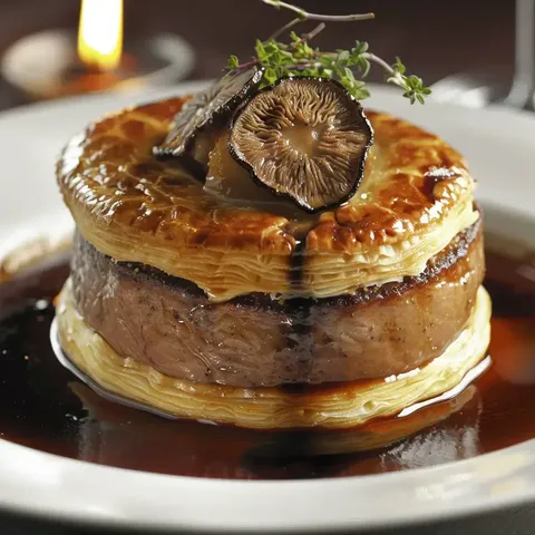 Un délicieux filet mignon enrobé de pâte feuilletée et accompagné d'une sauce aux morilles.