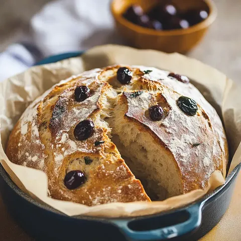 Pain maison doré sur du papier de cuisson, garni d'olives.