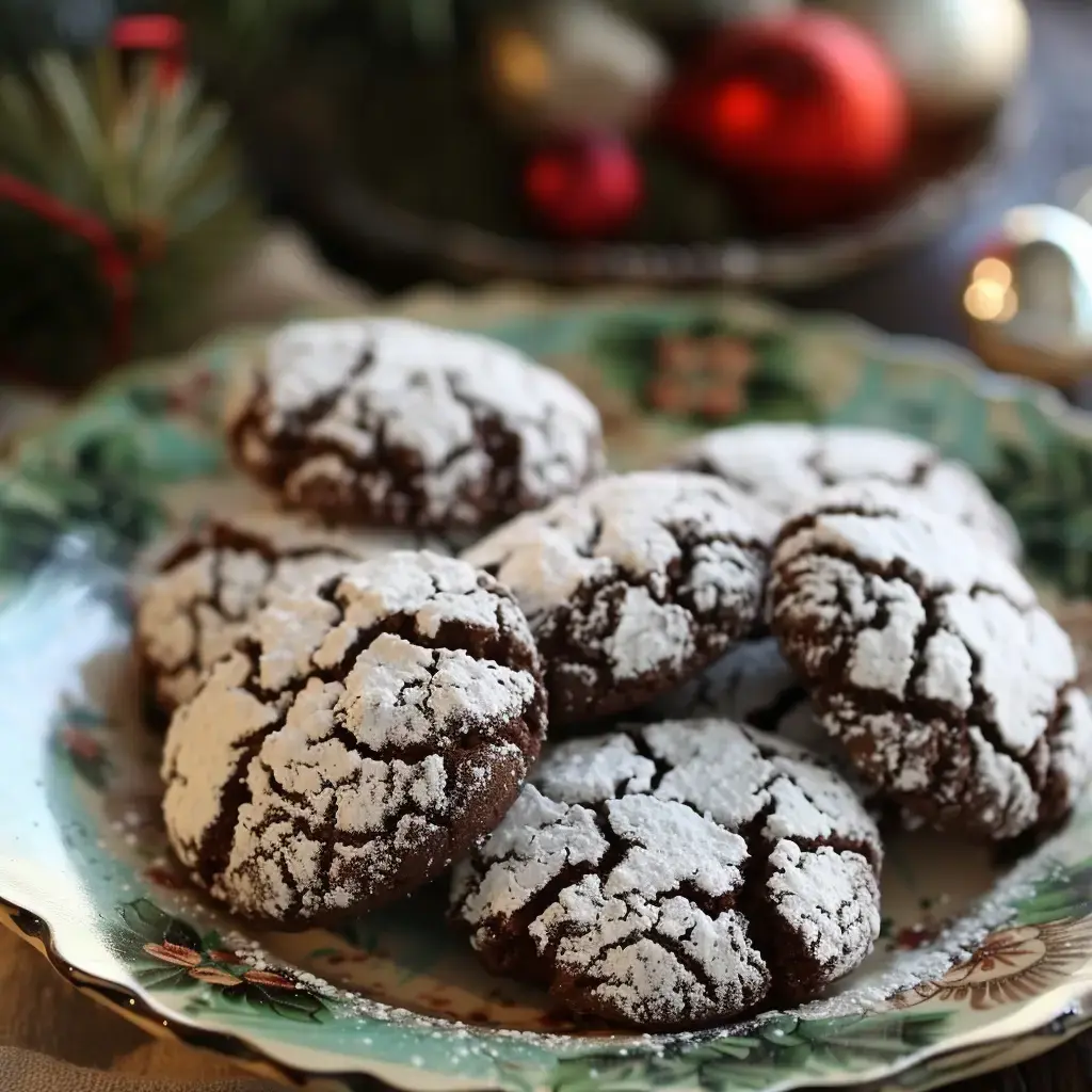 Un plateau avec des biscuits au chocolat poudrés de sucre glace, entouré de décors festifs, parfait pour une ambiance chaleureuse de fête.