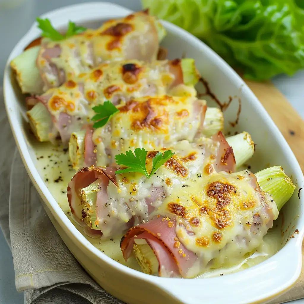 Gratin d’endives enroulées dans du jambon, nappées de fromage fondu et parsemé de persil frais, présenté dans un plat blanc.