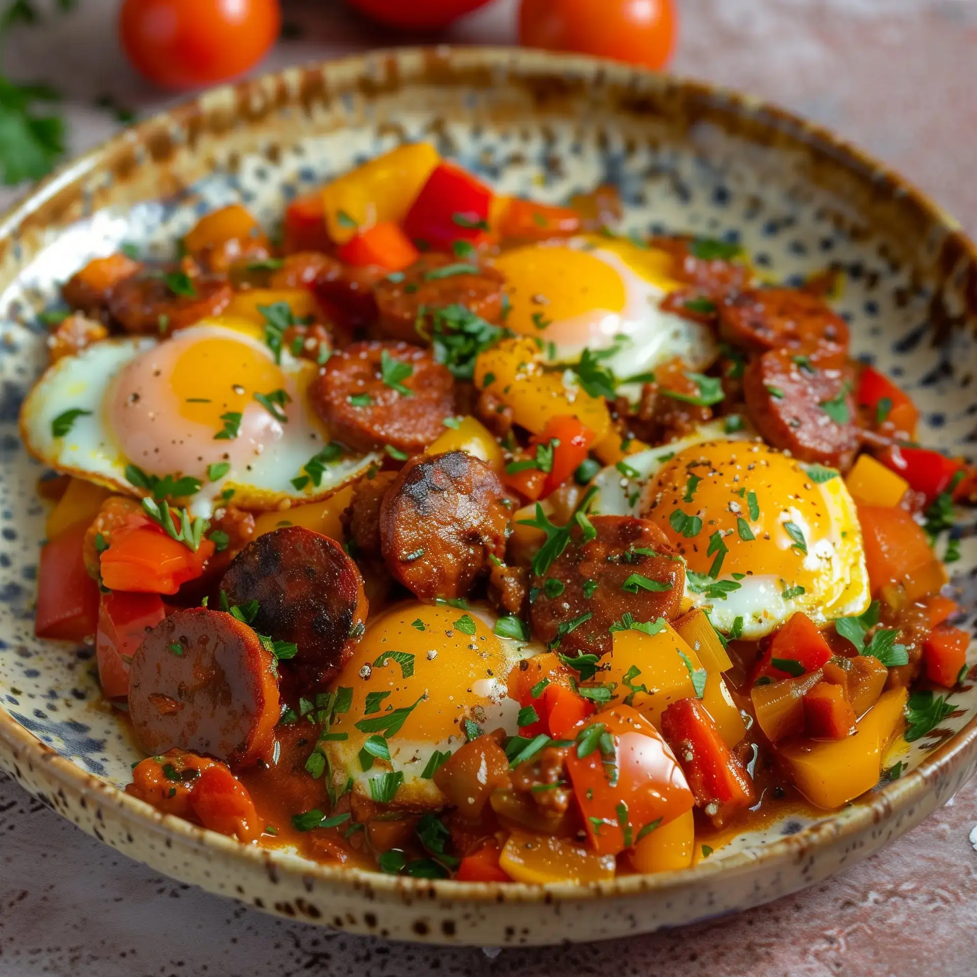 Un mélange appétissant de chorizo, œufs, poivrons et tomates, saupoudré de persil haché.