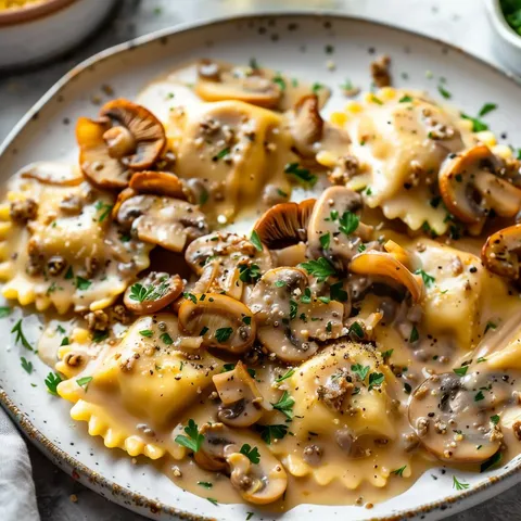 De délicieuses ravioles recouvertes d'une sauce crémeuse aux champignons et décorées de persil.