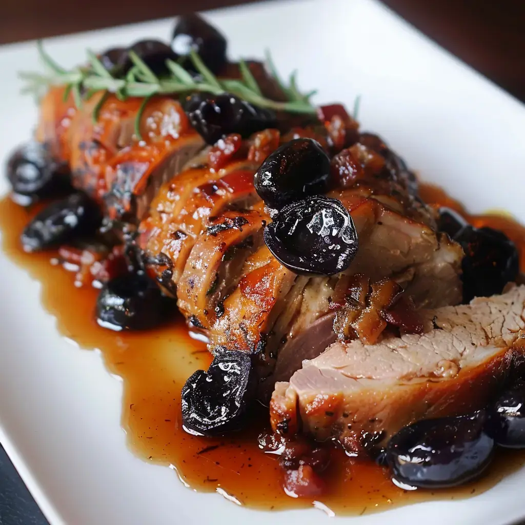 Un plat de porc mijoté avec des pruneaux, servi avec fines herbes.