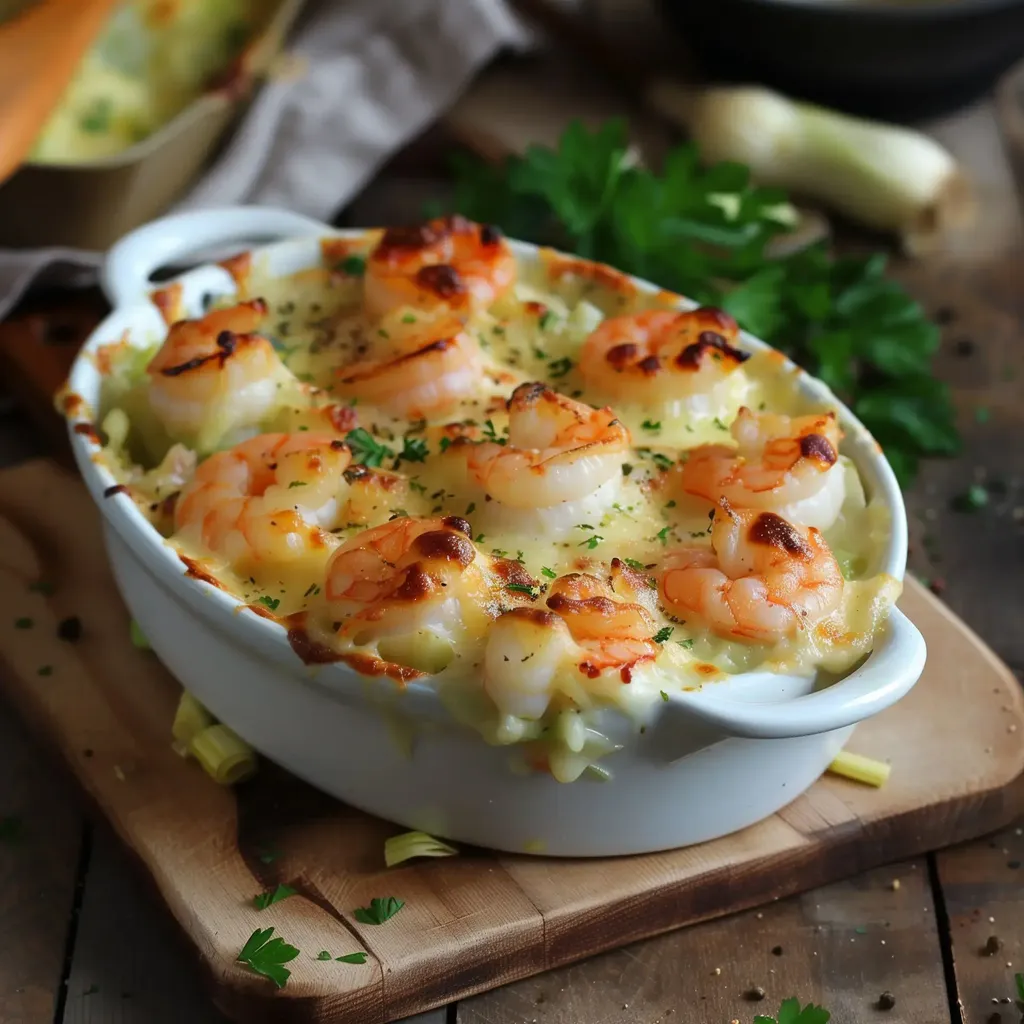 Plat gratiné aux crevettes, recouvert de fromage fondu et agrémenté de persil frais.