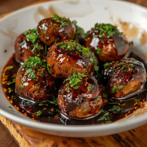 Un bol de champignons rôtis nappés de sauce et garnis de ciboulette hachée.