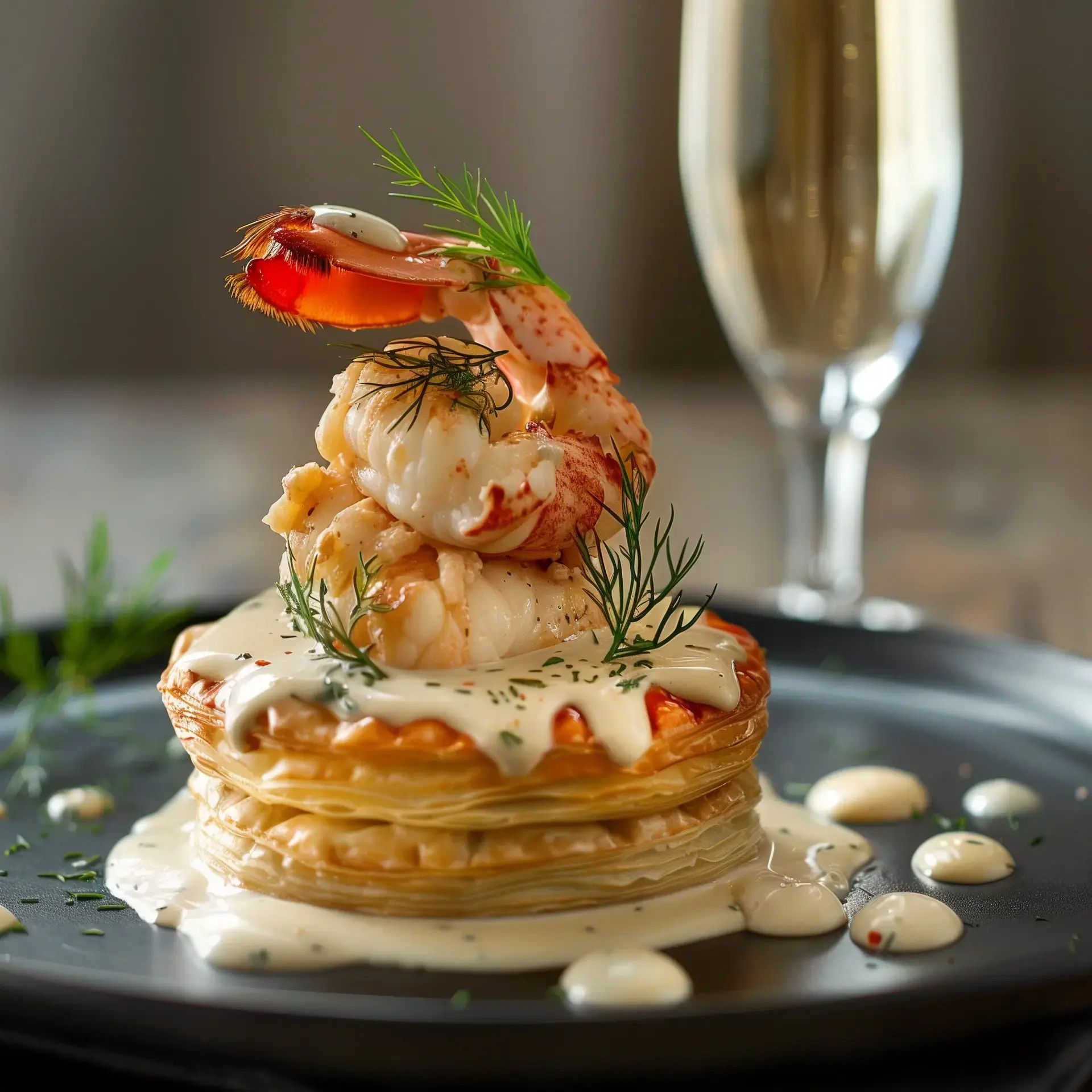 Un plat élégant avec des vol-au-vent garnis de fruits de mer, nappés de sauce onctueuse, décorés de brins d'aneth et accompagnés de champagne.