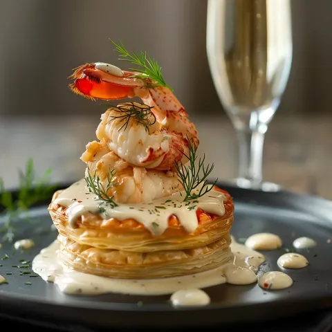 Un plat élégant avec des vol-au-vent garnis de fruits de mer, nappés de sauce onctueuse, décorés de brins d'aneth et accompagnés de champagne.