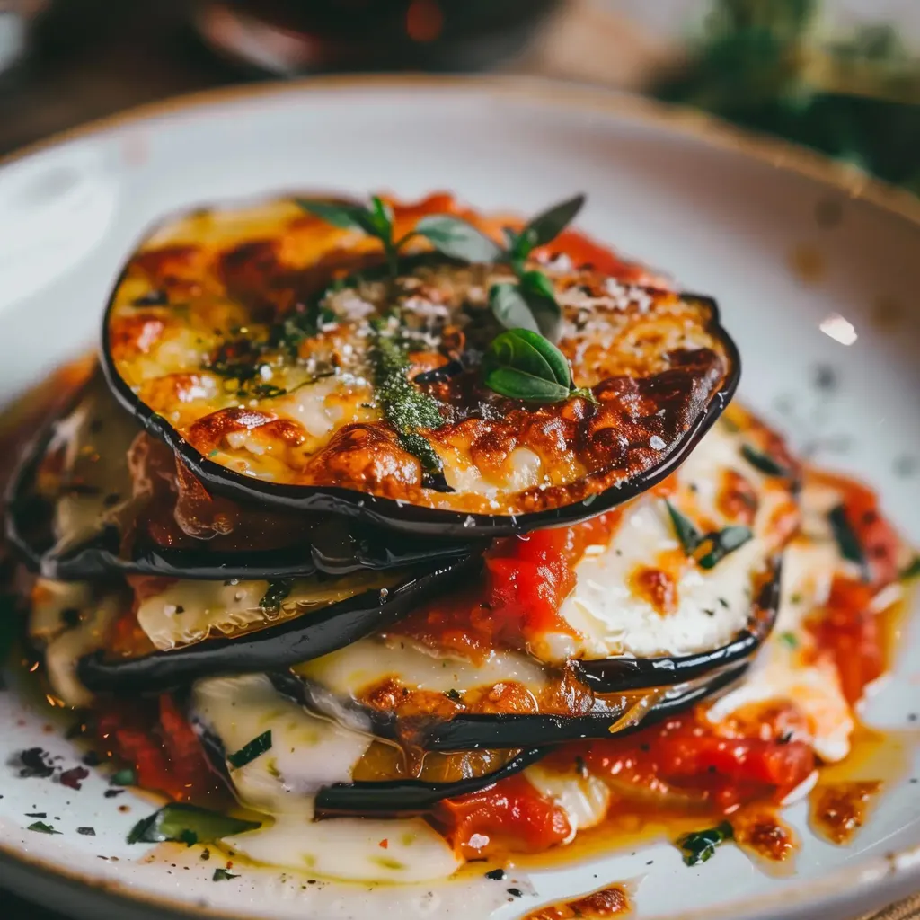 Un gratin italien composé de couches d’aubergines rôties, de sauce tomate savoureuse et de mozzarella fondant, décoré avec du basilic frais.