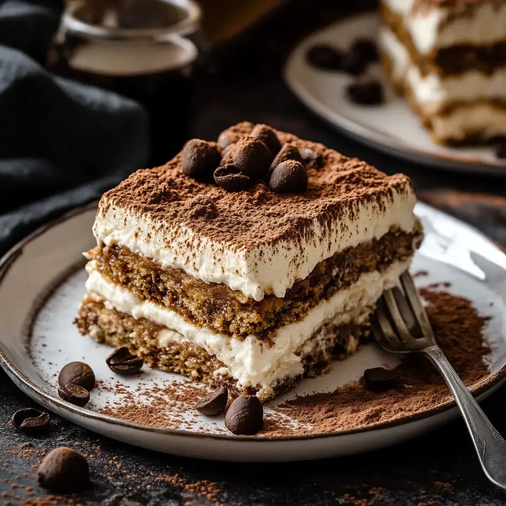 Couche de tiramisu crémeux avec biscuit et cacao, décoré de grains de café.