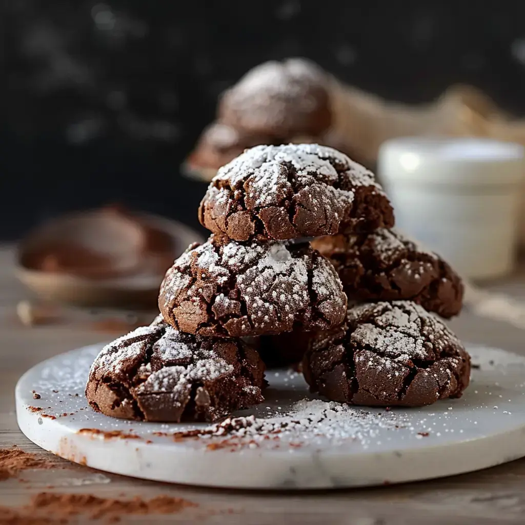 Un joli empilement de biscuits au chocolat saupoudrés de sucre glace sur une assiette en marbre.