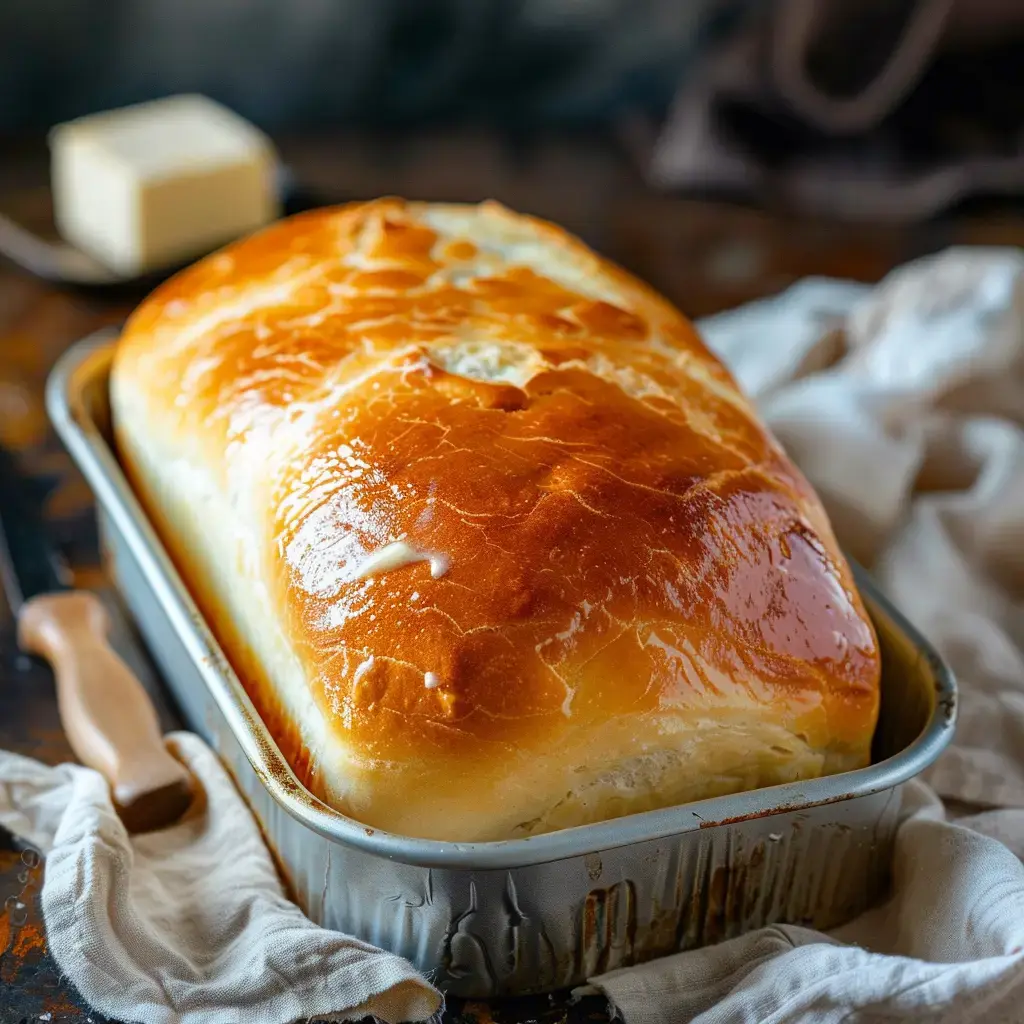 Un pain maison doré dans un moule, avec un peu de beurre visible derrière.