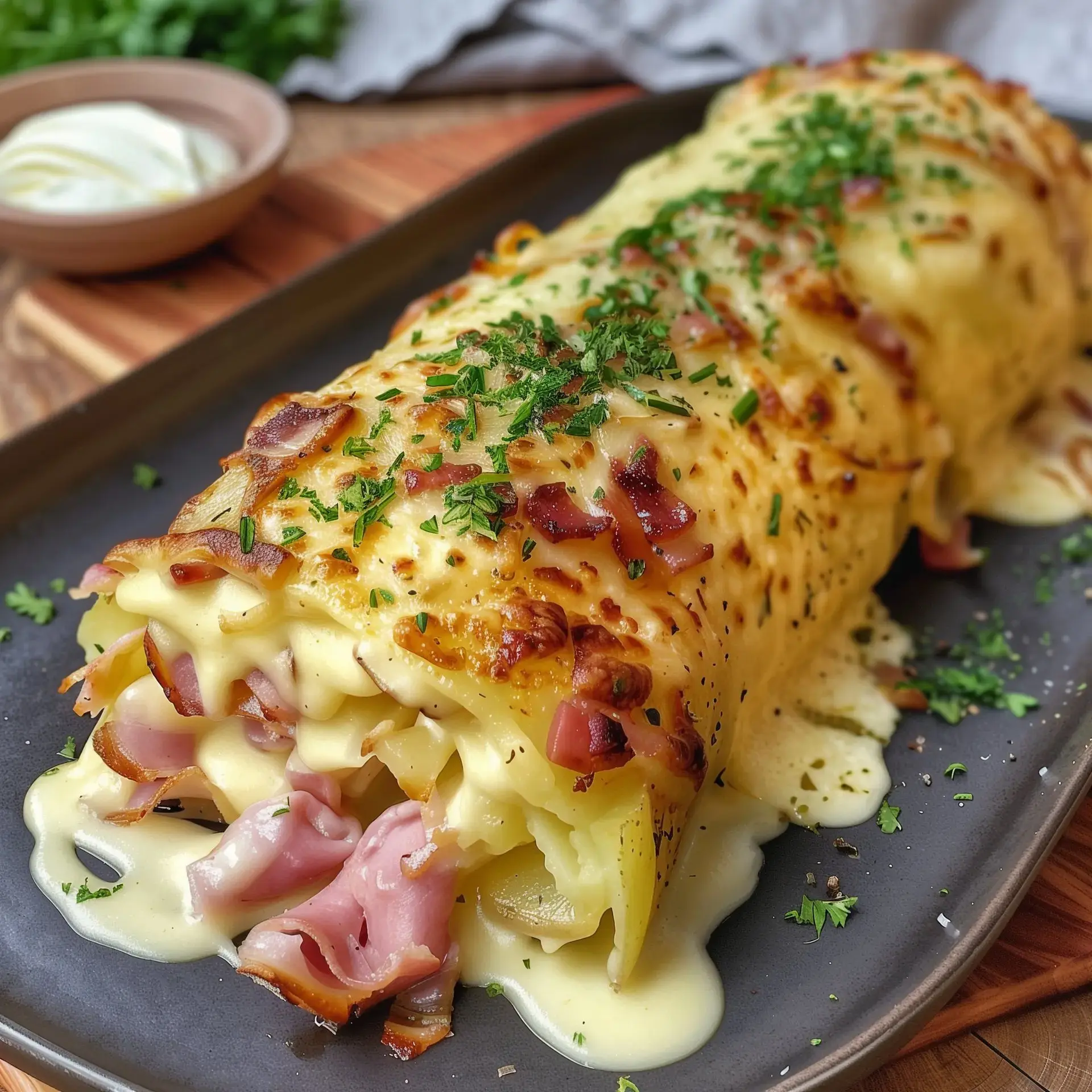 Morceaux de pomme de terre, jambon, fromage fondu et persil sur une assiette.