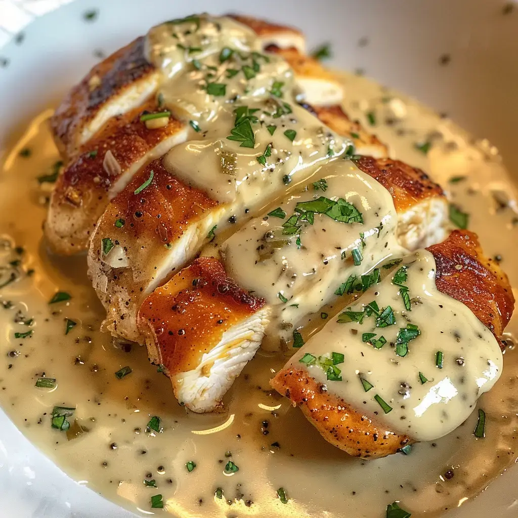Morceaux de poulet tendres nappés de sauce crémeuse et garnis de persil frais.