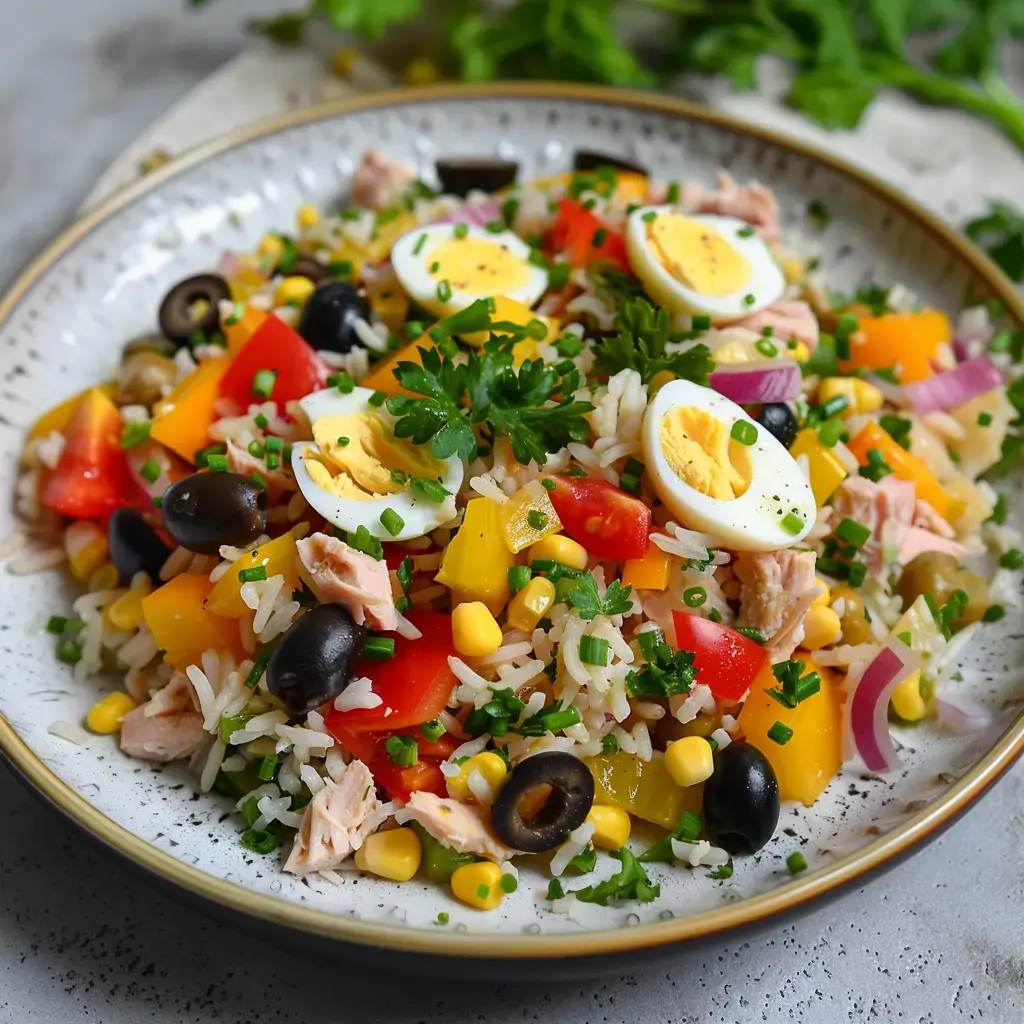 Un bol coloré de riz agrémenté de thon, d'œufs, de légumes variés et d'herbes fraîches.