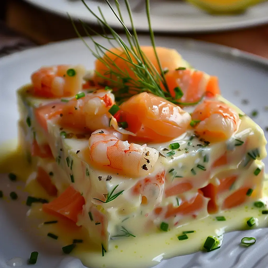 Cubes de terrine saumon-crevettes ornés de ciboulette, servis avec une sauce légère.