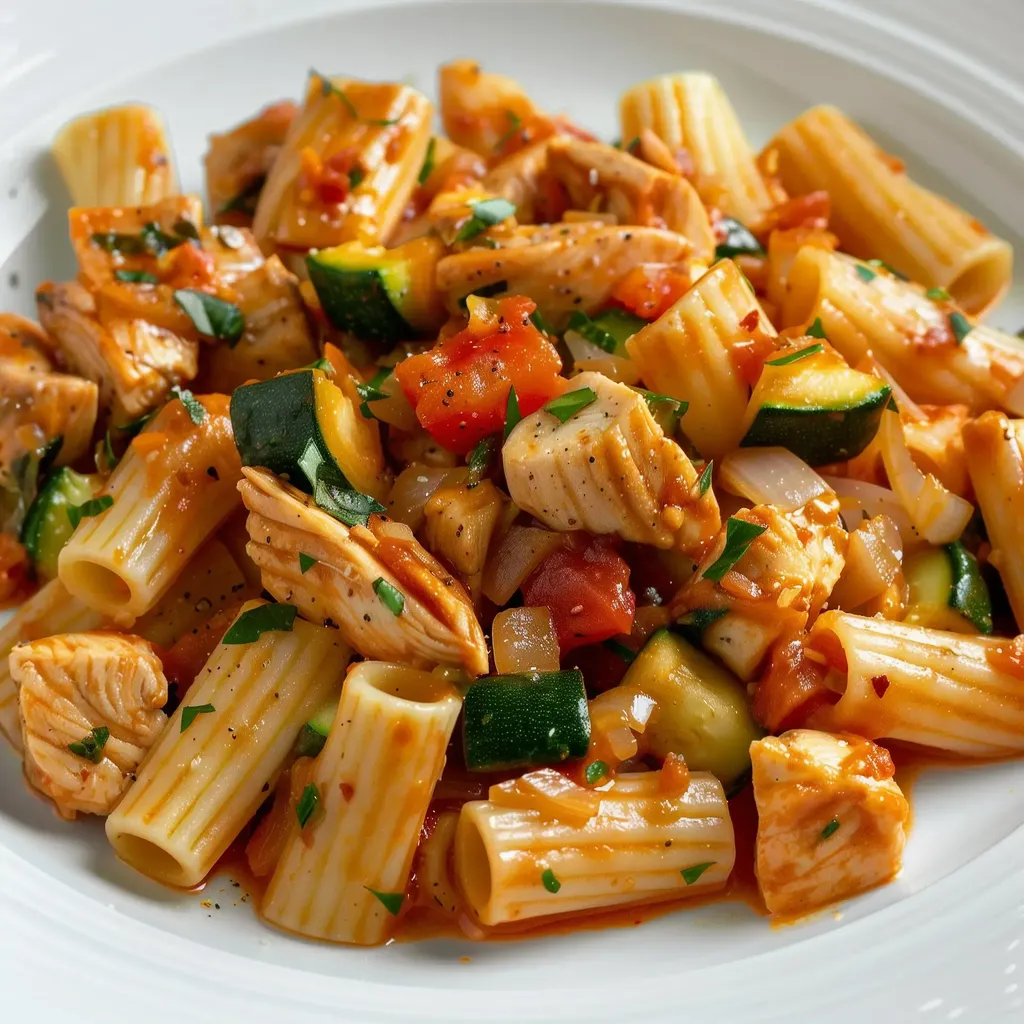 Un plat de rigatoni crémeux accompagné de poulet, courgettes et tomates, garni de persil frais.