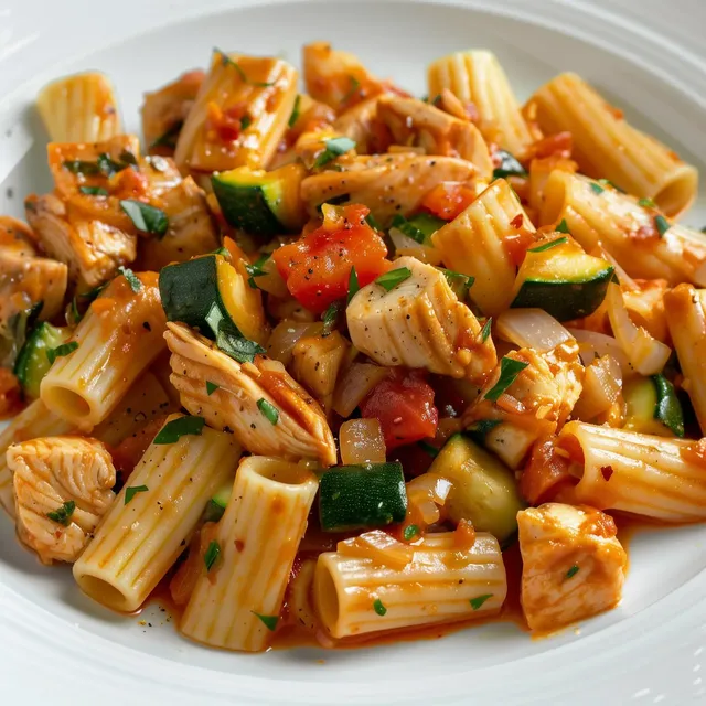 Un plat de rigatoni crémeux accompagné de poulet, courgettes et tomates, garni de persil frais.