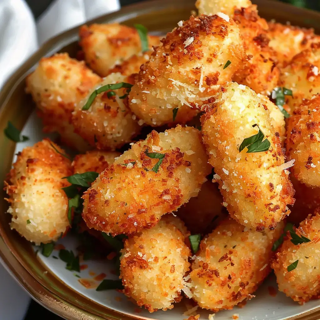 Des croquettes dorées et croustillantes servies avec du persil frais en garniture.