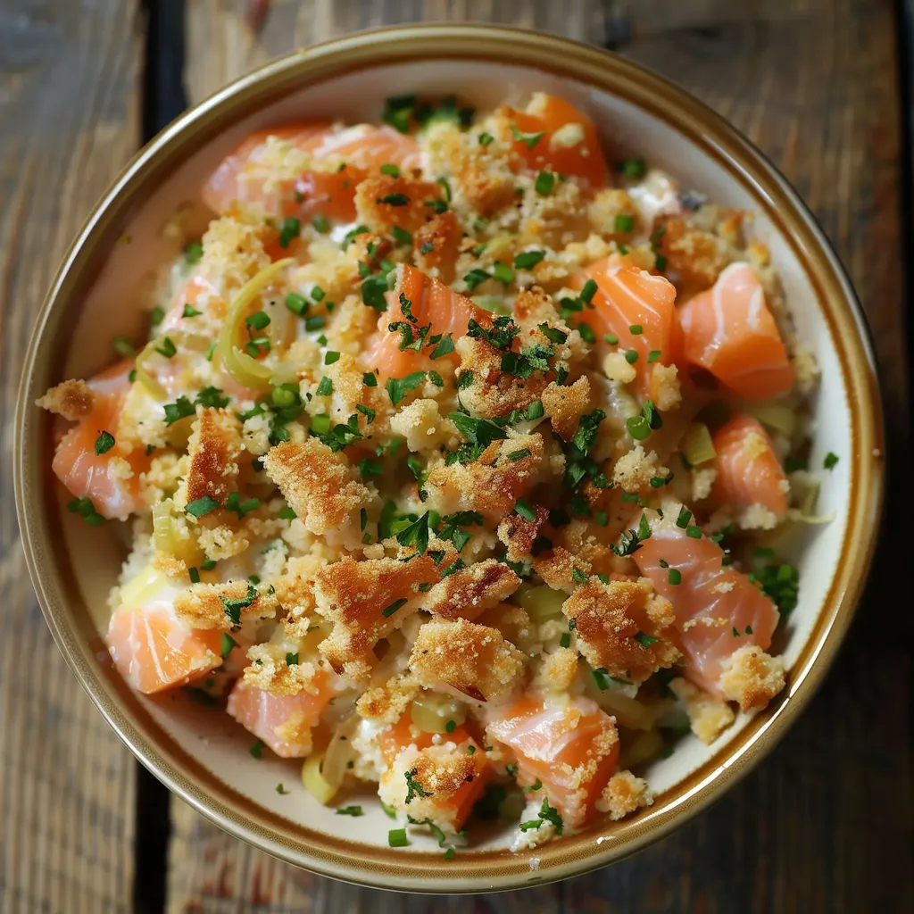Un délicieux crumble avec une base de saumon et de légumes crémeux, recouvert d'une croûte croustillante et garnie de ciboulette.