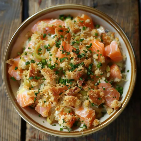 Un délicieux crumble avec une base de saumon et de légumes crémeux, recouvert d'une croûte croustillante et garnie de ciboulette.