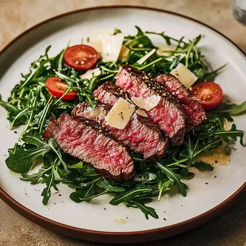 Tranches de viande grillée, servies sur de la roquette avec des tomates cerises et du parmesan.