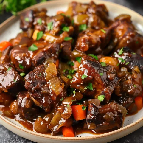 Plat réconfortant de viande tendre en sauce avec légumes, garni de persil frais.