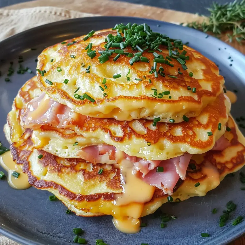 Une pile de pancakes garnis de fromage fondu et de jambon, décorés avec de la ciboulette.