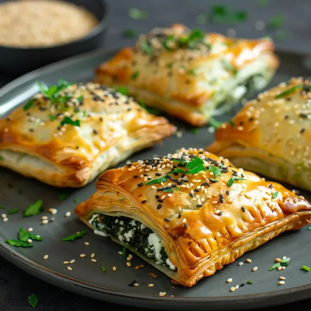 Petits feuilletés à la feta et aux épinards, agrémentés de graines de sésame, servis avec élégance.
