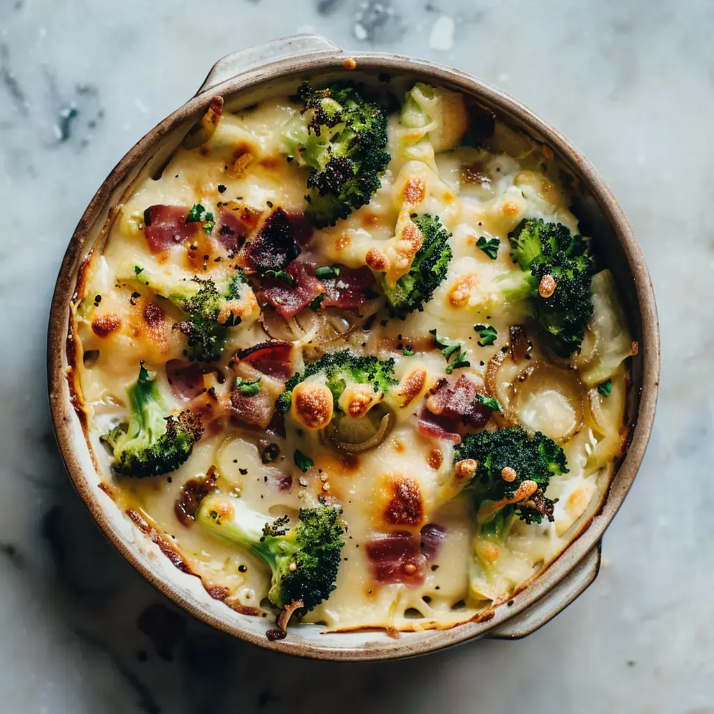 Plat gratiné avec brocolis, lardons et reblochon servi dans un plat rustique.
