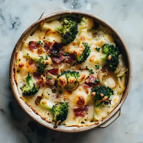 Plat gratiné avec brocolis, lardons et reblochon servi dans un plat rustique.