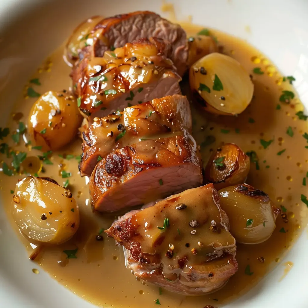 Viande dorée en cocotte avec oignons caramélisés et sauce crémeuse.
