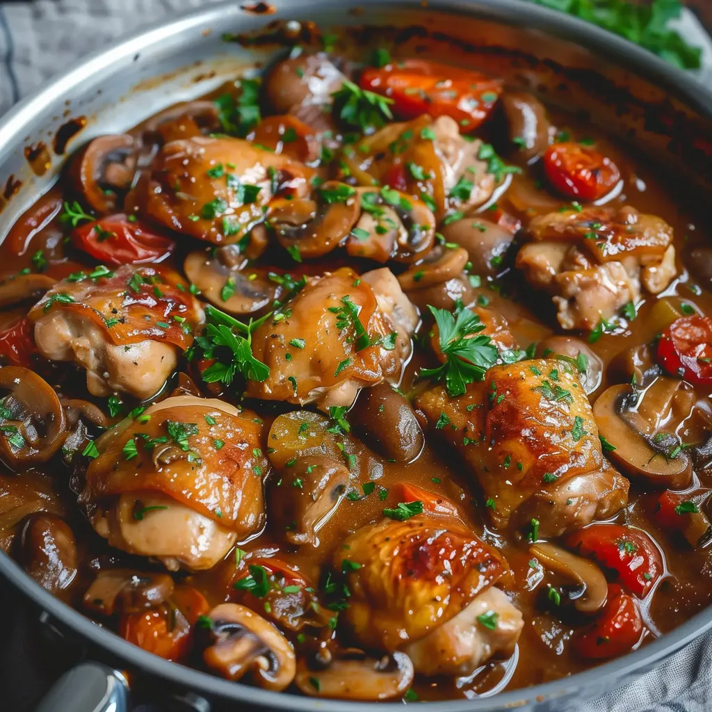 Cuisses de poulet tendrement mijotées avec des champignons, tomates et herbes parfumées dans une sauce crémeuse.