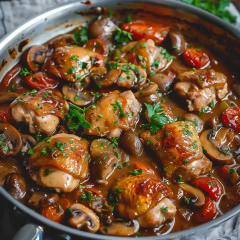 Cuisses de poulet tendrement mijotées avec des champignons, tomates et herbes parfumées dans une sauce crémeuse.