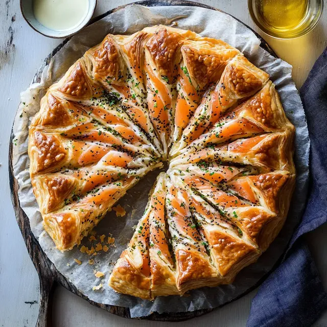 Soleil feuilleté garni de saumon fumé, décoré de graines noires, parfait sur une planche en bois.