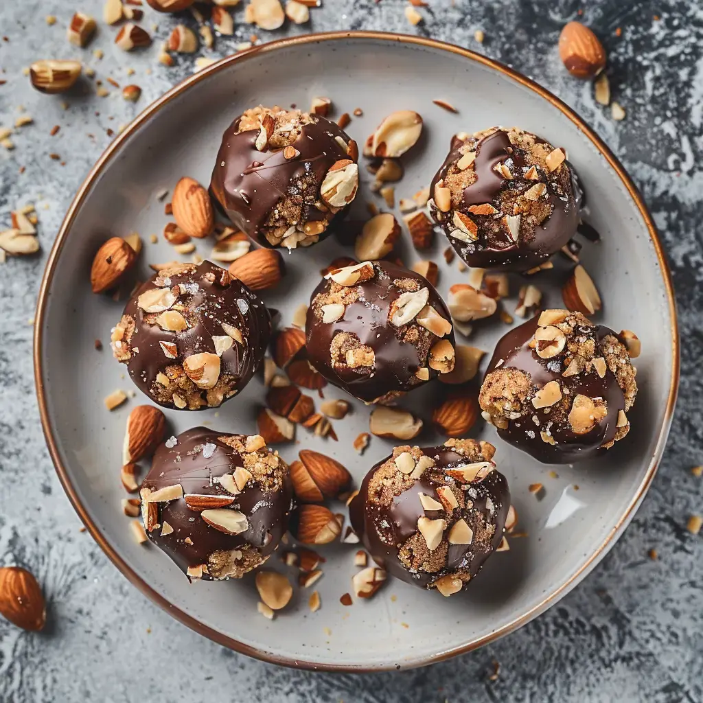 Chocolats ronds garnis d’amandes et de noix, joliment présentés sur une assiette avec des éclats tout autour.