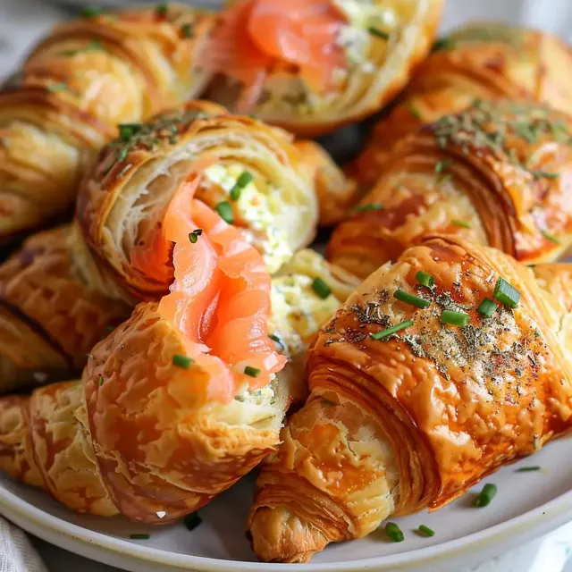 Petits feuilletés dorés remplis de saumon fumé, garnis d'herbes fraîches.