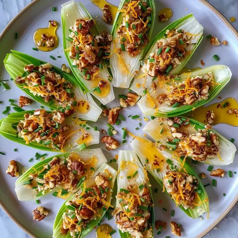 Des endives remplies de chèvre et noix, avec des zestes d'orange et des noix dorées, joliment servies sur une assiette.