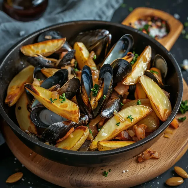 Un bol noir garni de moules et pommes de terre dorées, sur une planche en bois avec du persil.