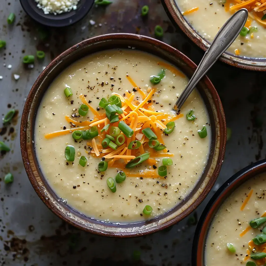 Deux bols de velouté crémeux garnis de cheddar râpé et d'oignons verts, servis sur une table métallique.